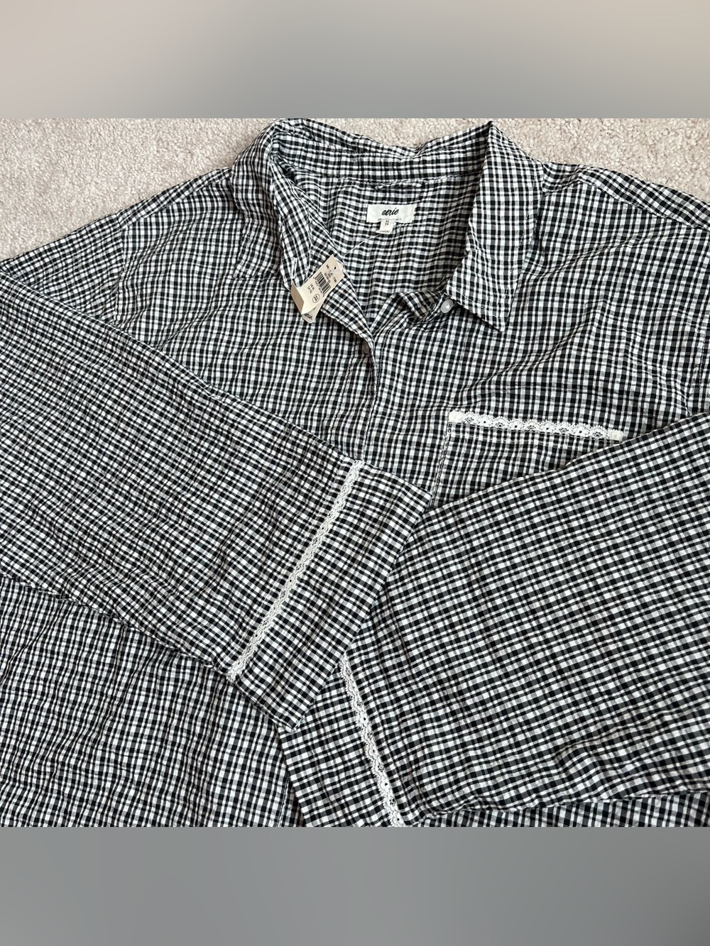aerie Black & White Gingham Button-Down Seersucker Pajama Shirt Love The Moment